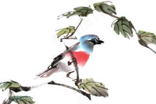 小鸟枝头水墨画PNG免抠素材