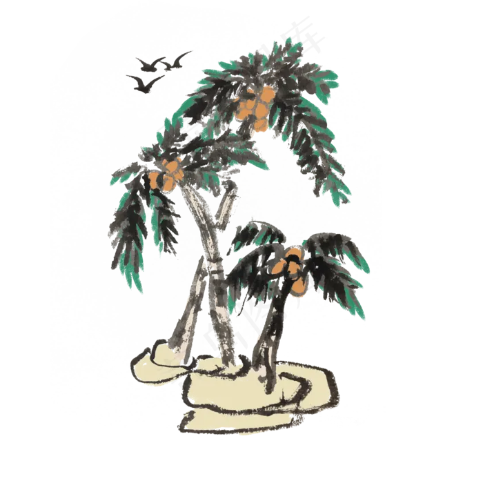 夏天新鲜椰子水墨手绘(4000X4000(DPI:300))psd模版下载