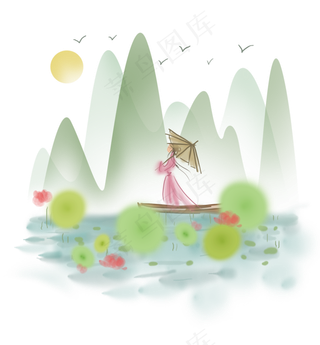 春天游湖的古代少女