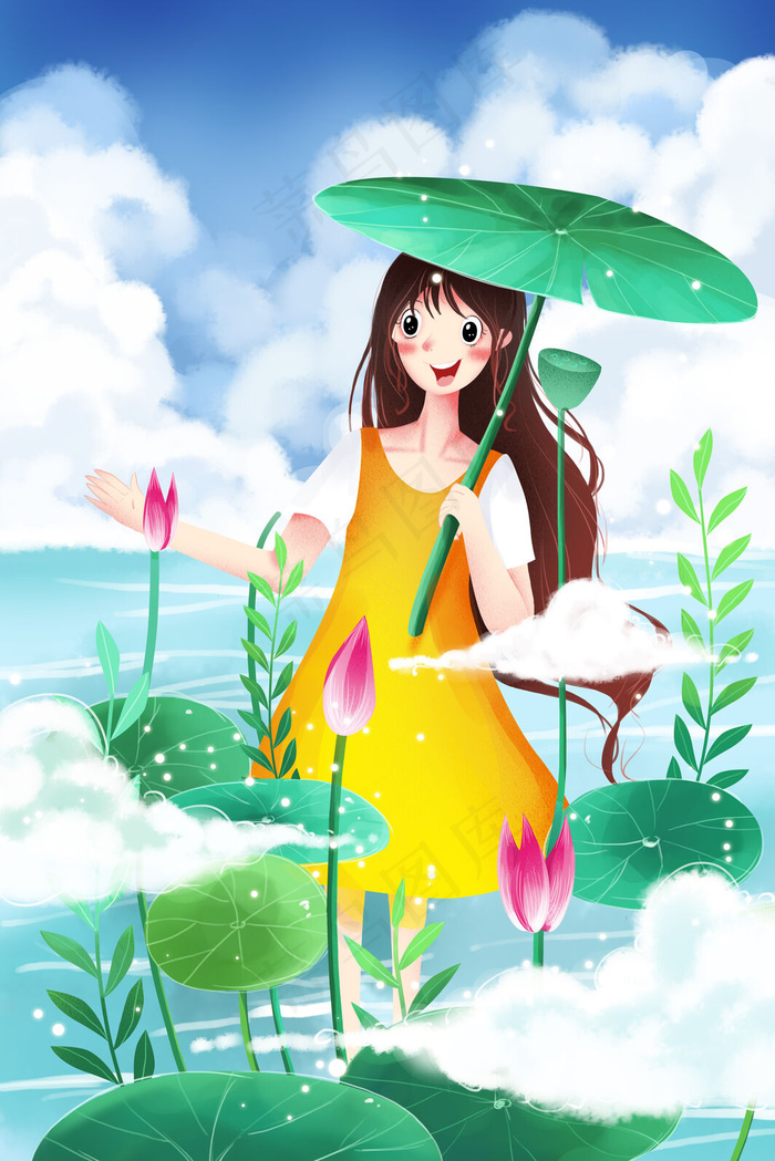 手绘夏天打荷伞清新女孩人物插画