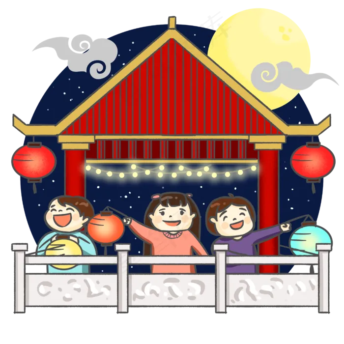 元宵节琼楼手持花灯闹元宵手绘人,免抠元素