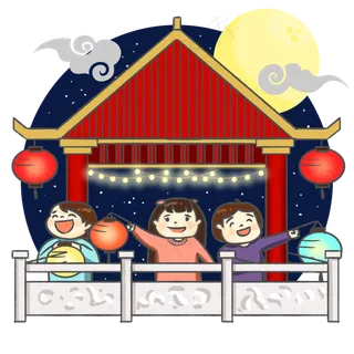 元宵节琼楼手持花灯闹元宵手绘人,免抠元素