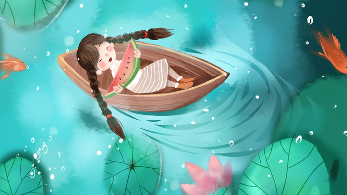 绿色系卡通手绘风立夏夏景荷塘小船配图(2880*1620px 300 dpi )psd模版下载
