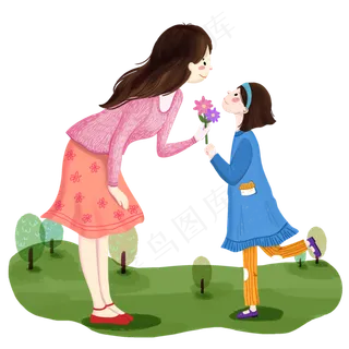 感恩节卡通手绘风向母亲献花,免抠元素