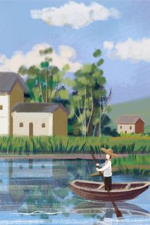 夏日水上划船房屋水粉油画