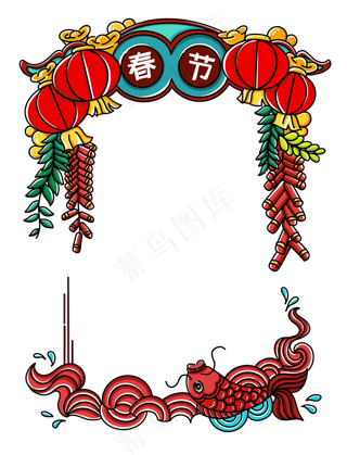 春节鞭炮灯笼新年边框,免抠元素