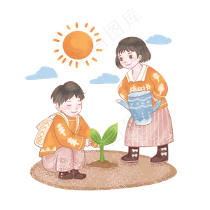 植树节两个女孩给小树浇水