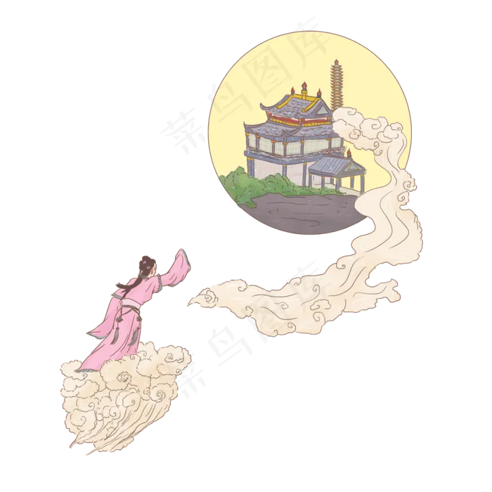 手绘中国古代神话传说嫦娥奔月,免抠元素