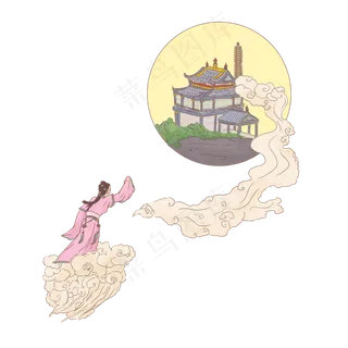 手绘中国古代神话传说嫦娥奔月,免抠元素