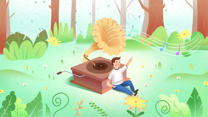 二月你好户外踏青留声机男孩森林插画