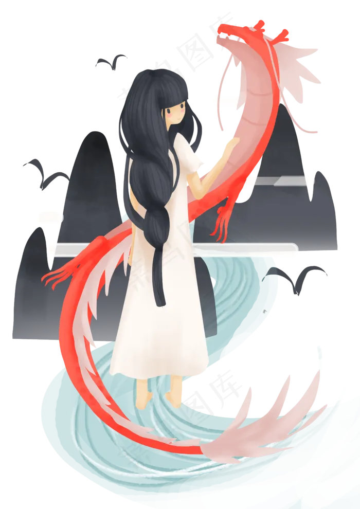 漂亮的小女孩和长龙,免抠元素(2480X3508(DPI:300))psd模版下载