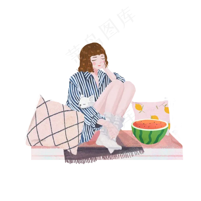 大暑宅家吃西瓜女孩png素材(2000X2000(DPI:300))psd模版下载