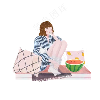大暑宅家吃西瓜女孩png素材