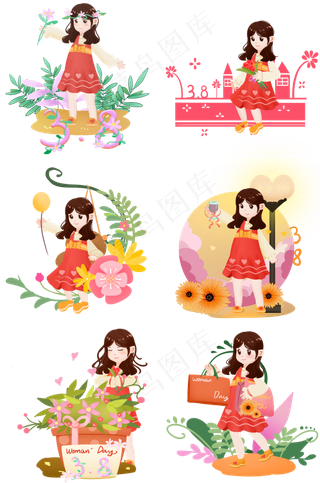 3.8妇女节女神节女生节收礼物手绘,免抠元素
