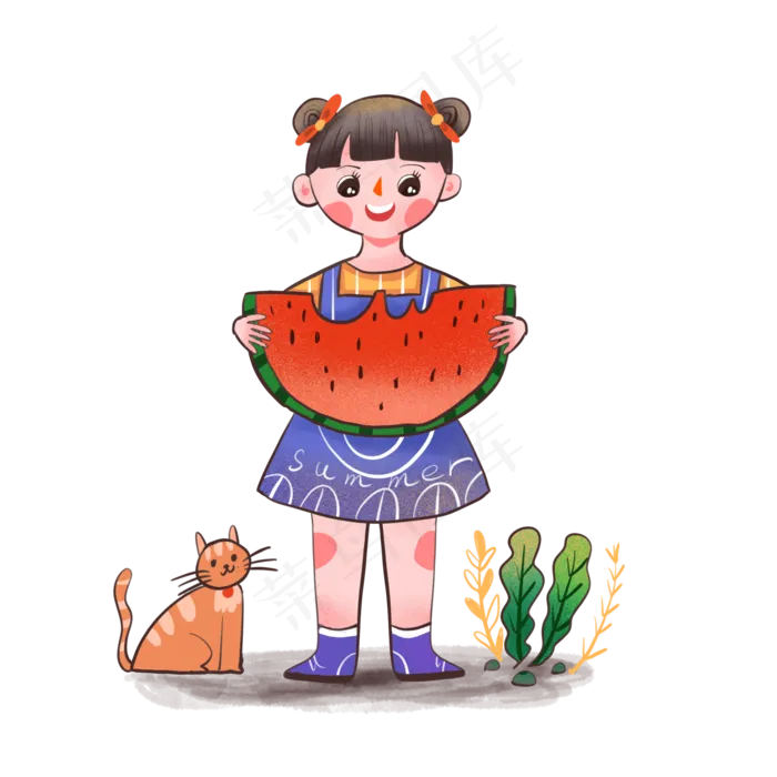夏天卡通可爱女孩吃西瓜免扣素材