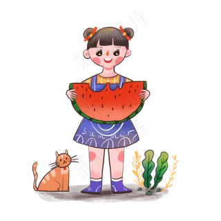 夏天卡通可爱女孩吃西瓜免扣素材