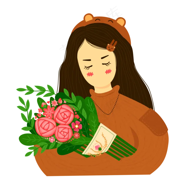 手绘卡通抱着鲜花花束的休闲卡通(2000X2000(DPI:300))psd模版下载