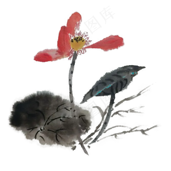 水墨一束荷花手绘素材(4000X4000(DPI:300))psd模版下载