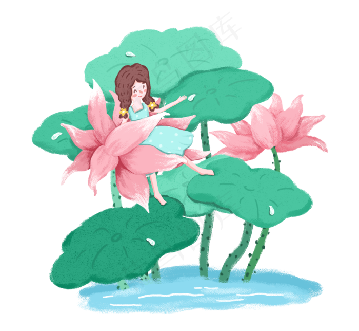 夏至坐在荷花上的精灵女孩PNG