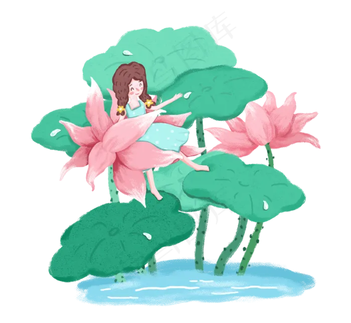 夏至坐在荷花上的精灵女孩PNG(2500X2300(DPI:300))psd模版下载