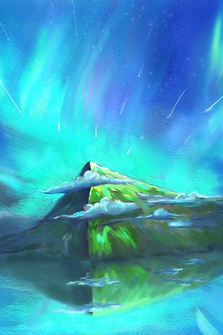 油画极光山脉天空水面