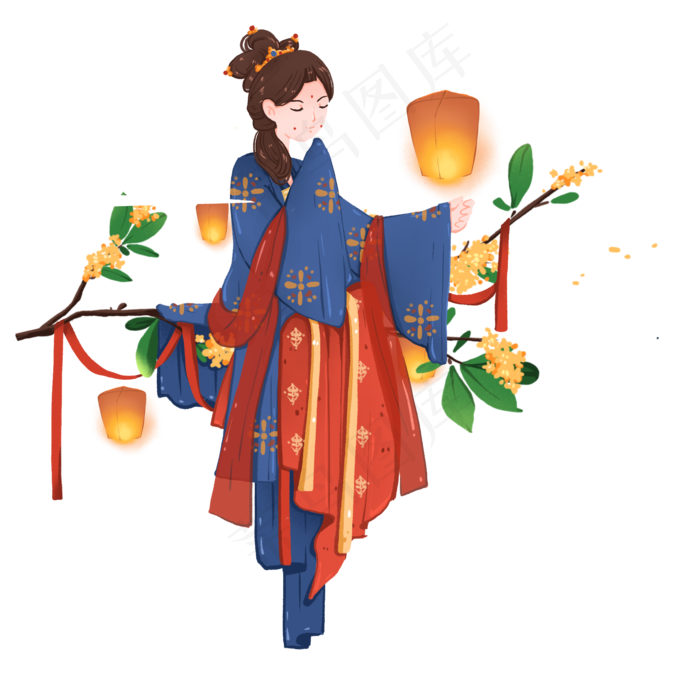 传统节日装饰桂花枝放孔明灯的女(2000X2000(DPI:300))psd模版下载