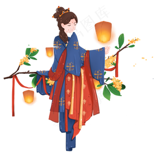 传统节日装饰桂花枝放孔明灯的女