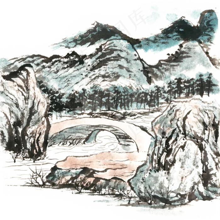 传统山水画山涧石桥(3543X4724(DPI:150))psd模版下载