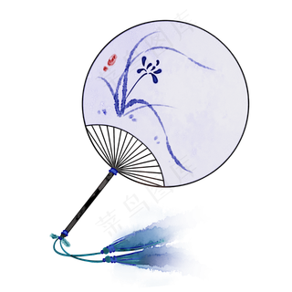 青花团扇中国风水墨PNG素材,免抠元素