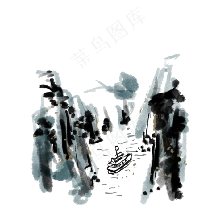 水墨山水远帆免抠插图(2000X2000(DPI:132))psd模版下载