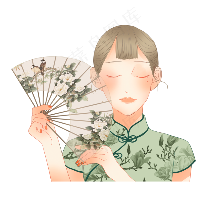打开花鸟折扇的绿色旗袍女子,免抠元素(2000X2000(DPI:72))psd模版下载