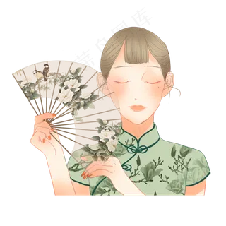 打开花鸟折扇的绿色旗袍女子,免抠元素