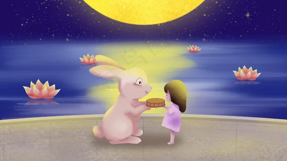 中秋节小女孩给兔子月饼吃