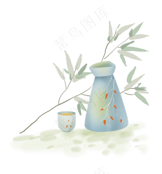 淡彩古风日式酒壶和竹子,免抠元素