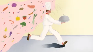 暖色系劳动节卡通小清新厨师奔跑配图