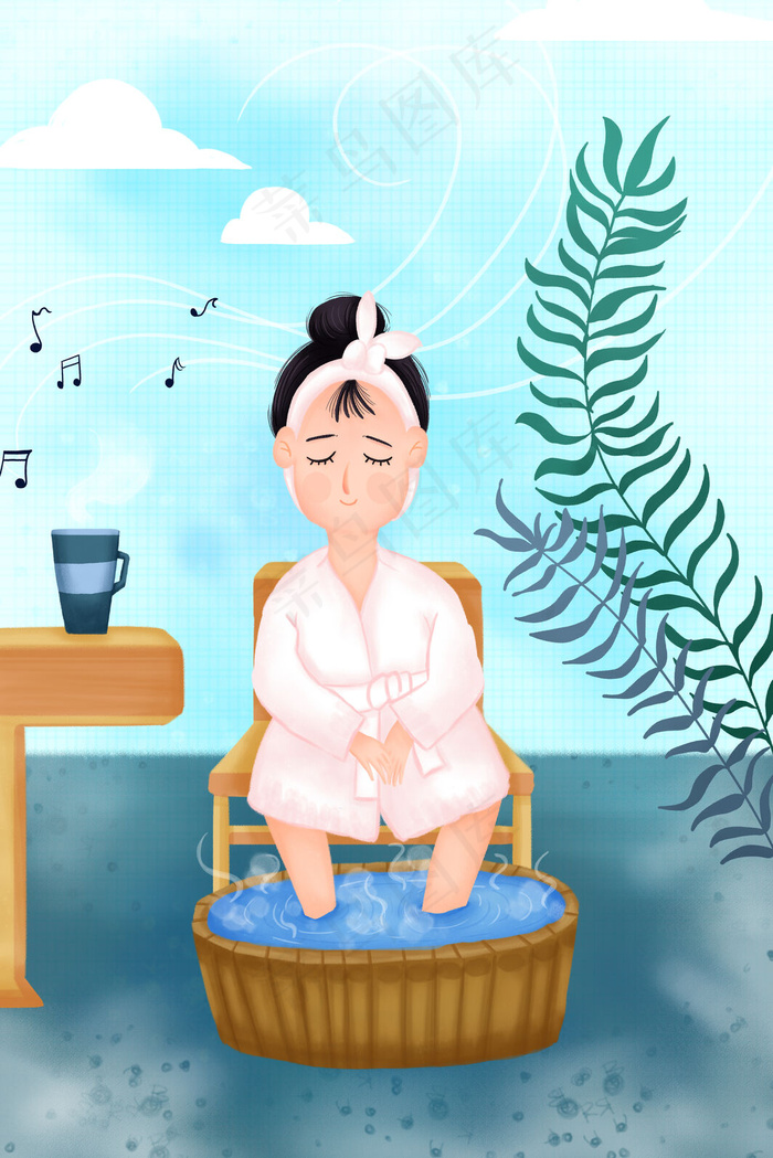 养生女孩泡脚听音乐