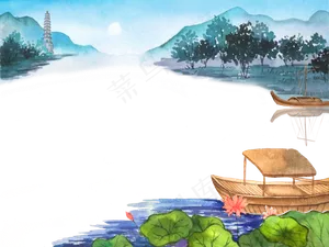 水彩中国山水风景荷塘小舟,免抠元素