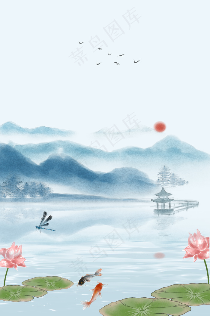 中国风水墨画荷之韵H5海报背景psd下载