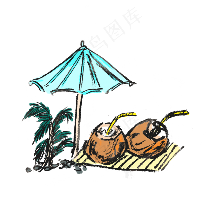 椰子树水墨风手绘插画