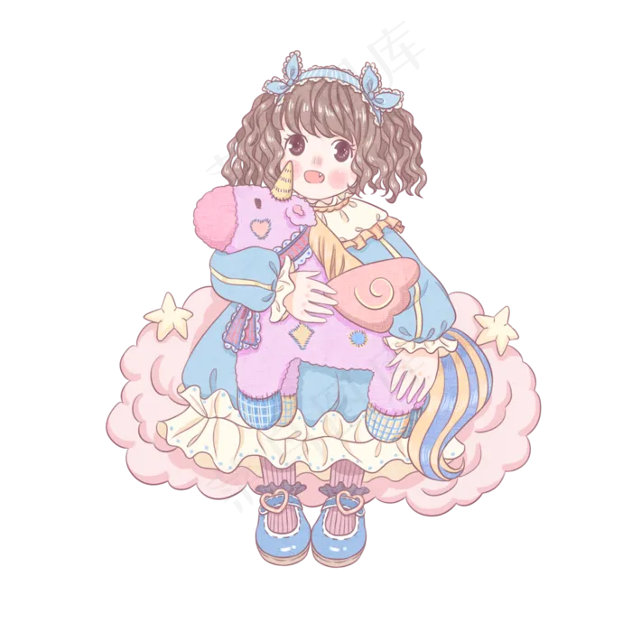 六一儿童节卡通女孩抱玩具PNG免抠