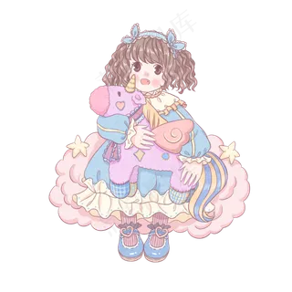 六一儿童节卡通女孩抱玩具PNG免抠