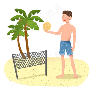 夏至沙滩男孩玩排球素材