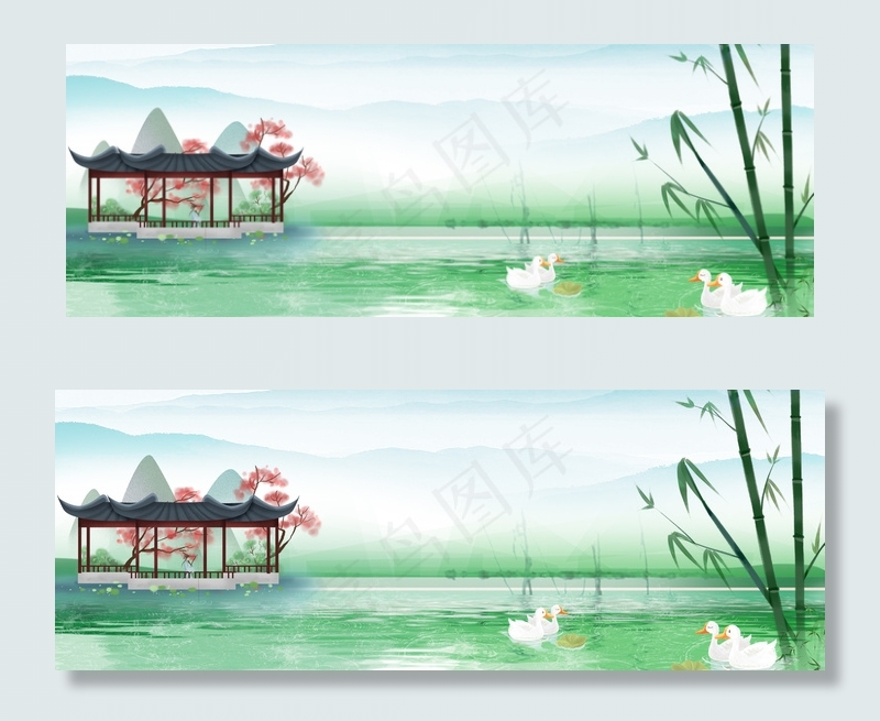 小清新绿色山水春天背景