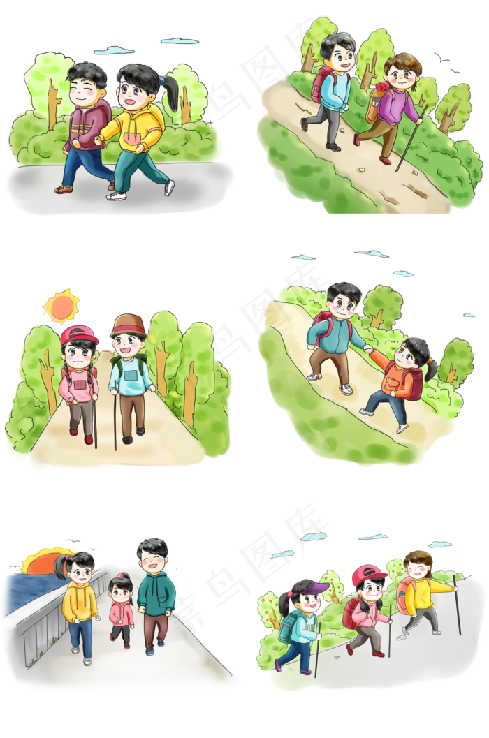 步行日亲子旅游卡通手绘Q版可爱