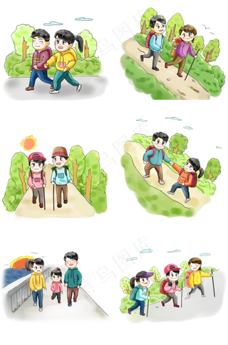 步行日亲子旅游卡通手绘Q版可爱