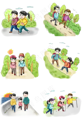 步行日亲子旅游卡通手绘Q版可爱