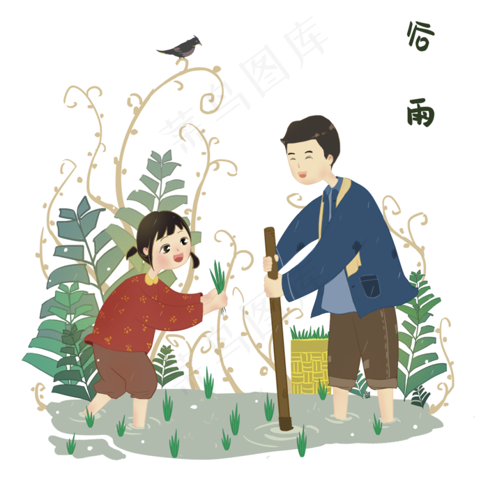 谷雨插秧的小女孩