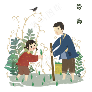 谷雨插秧的小女孩