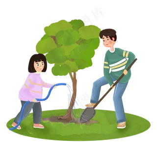 植树环保活动的男生与女孩