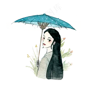 油纸伞水彩水墨少女古典中国风PNG,免抠元素